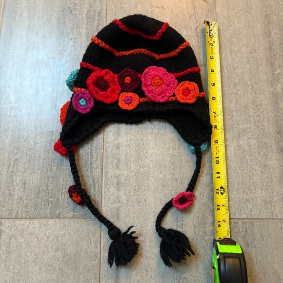 Saks Fifth Avenue Floral Wool Knit Tassel Hat with Ear Flaps Black One Size - Picture 6 of 6